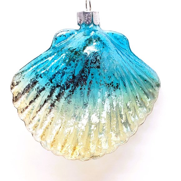 Iridescent Glass Scallop Christmas Ornament Silver Blue Shiny Coastal JS 3.5" - Picture 3 of 4